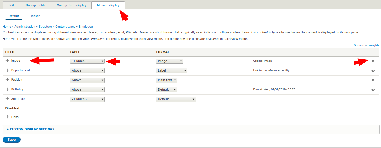 configuration des champs Drupal