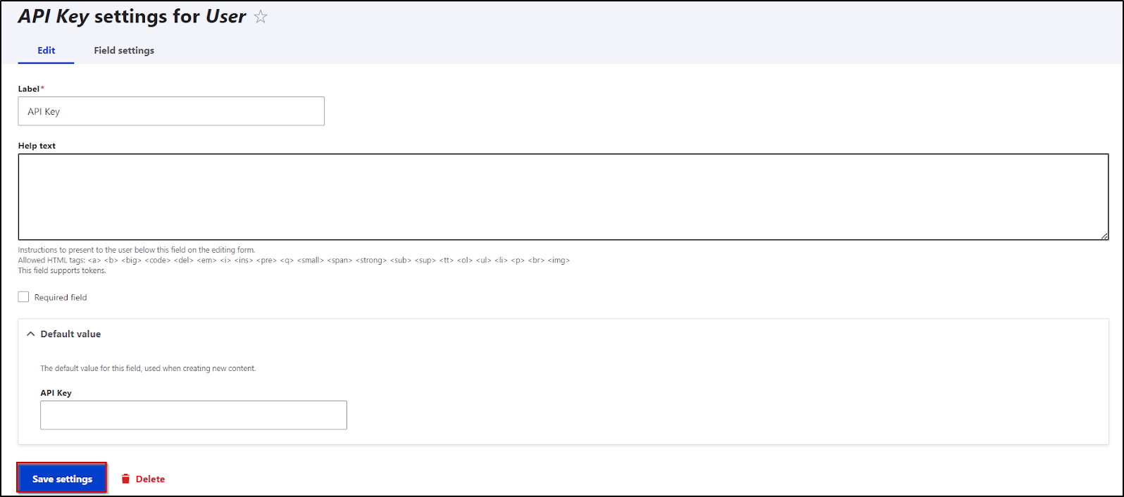 Drupal API key settings