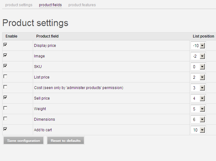 Product field settings