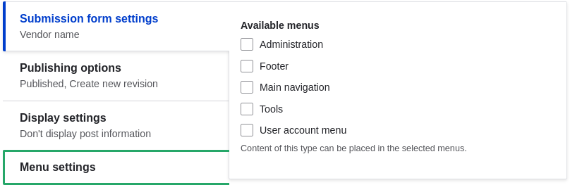 Impostazioni menu