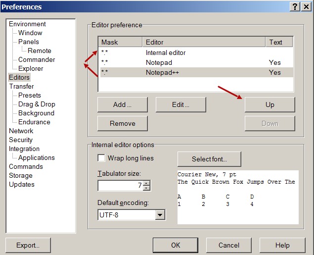 Ordenar editores en WinSCP